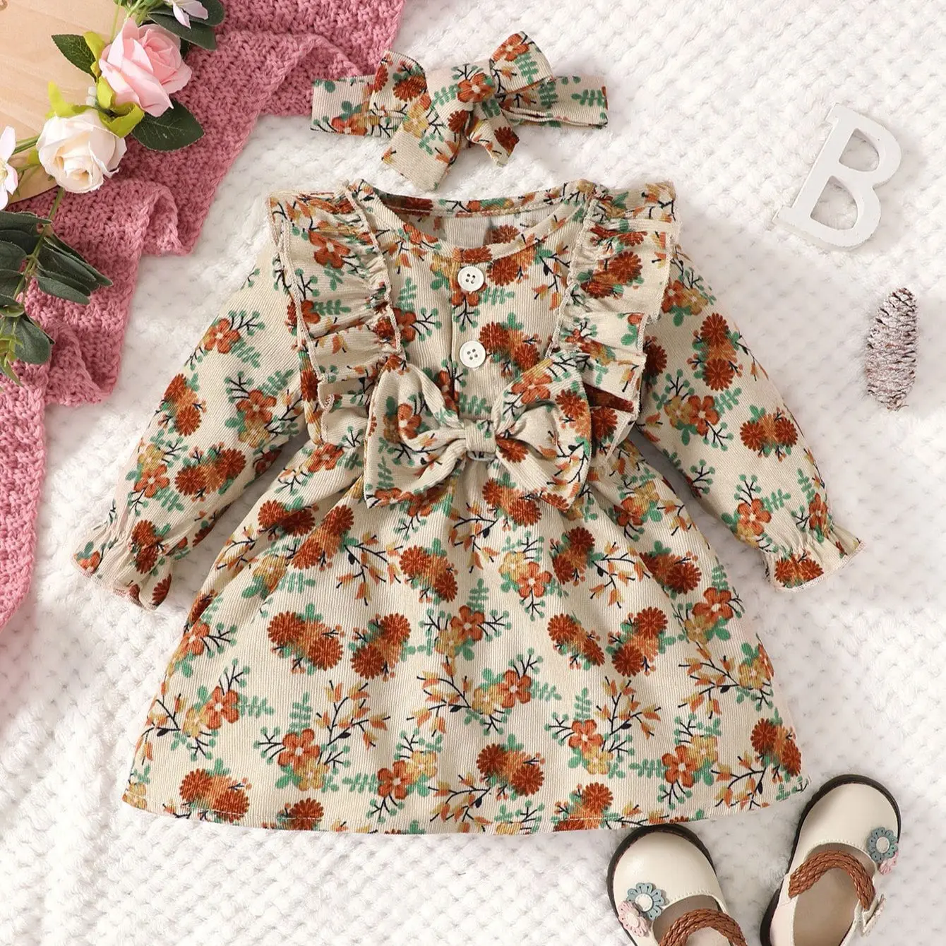 0-2 ani copil nou-născut fată de primăvară și de toamnă rotund gât cu mâneci lungi buton cu ornamente florale mici de moda rochie de drăguț . ' - ' . 0