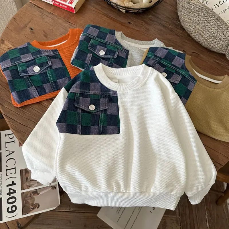 2023 Noi de Toamna pentru Copii Îmbrăcăminte de tip Boutique, Sweatershirt Băieți Moda O-gât Blugi Carouri coreean Sport All-meci Stil Simplu . ' - ' . 0