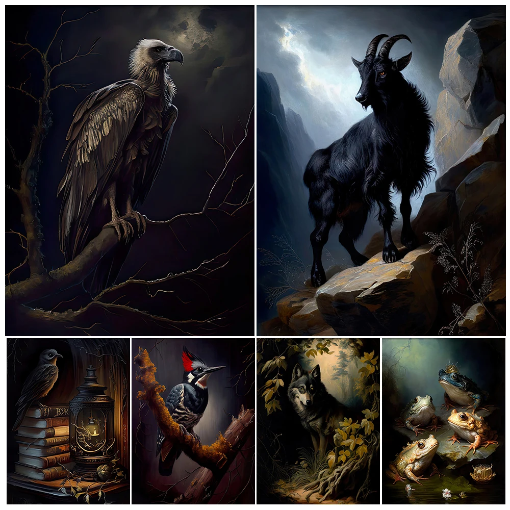 Capra Neagra,Vulturul Și Broasca Epocă Animale Arta De Perete Pădure Galerie Victorian Witchy Cameră Arta Poster De Imprimare De Decorare Neînrămate . ' - ' . 0