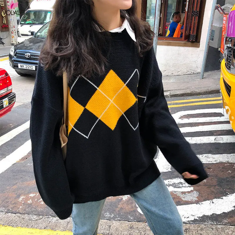 Coreeană Stil De Colegiu Toamna Iarna Model Geometric Argyle Pulovere Largi Supradimensionate O-Gât Pulovere Tricotate Femei Jumper Mujer . ' - ' . 0