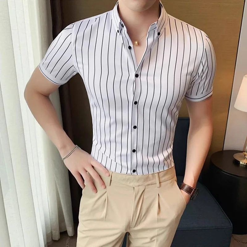 De înaltă Calitate Elasticitatea Cămăși cu Mânecă Scurtă pentru Bărbați de Vara cu Dungi Imprimate Slim Fit Camasa Hommes De Luxe Moda coreeană Topuri . ' - ' . 0