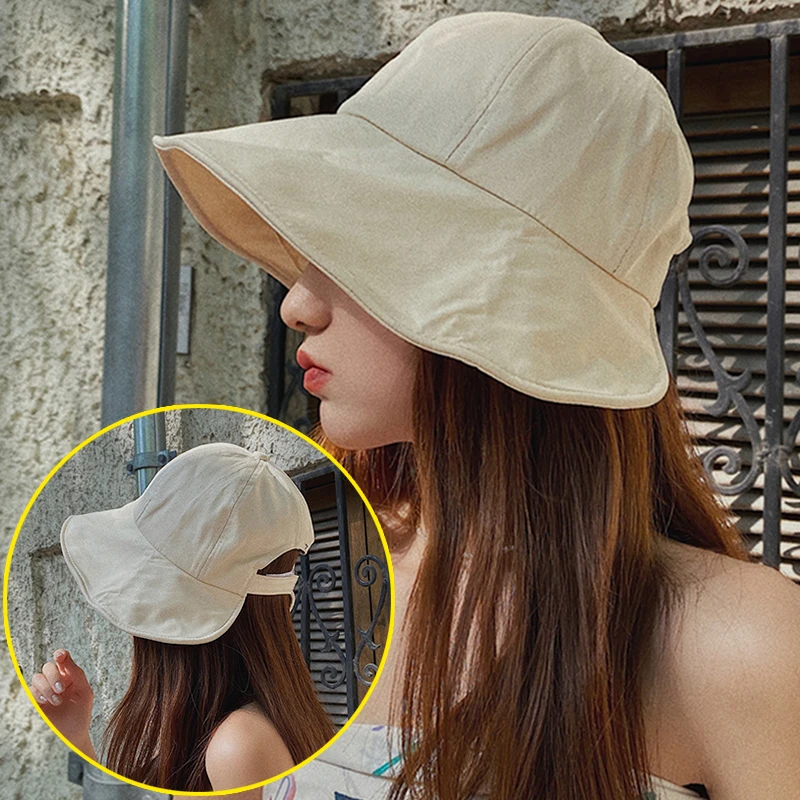 Femei Vara Palarie De Soare Din Bumbac Coada De Cal Găleată Pălărie De Plajă În Aer Liber Reglabil Parasolar Pălării De Culoare Solidă Pliabil Pescar Capac . ' - ' . 0