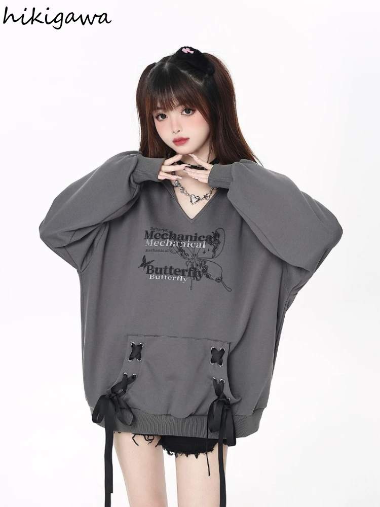 Harajuku Hanorace Imbracaminte Femei V-neck Casual Bandaj Buzunar Supradimensionat Topuri 2023 Ropa Mujer de Moda Streetwear Y2k Jachete . ' - ' . 0