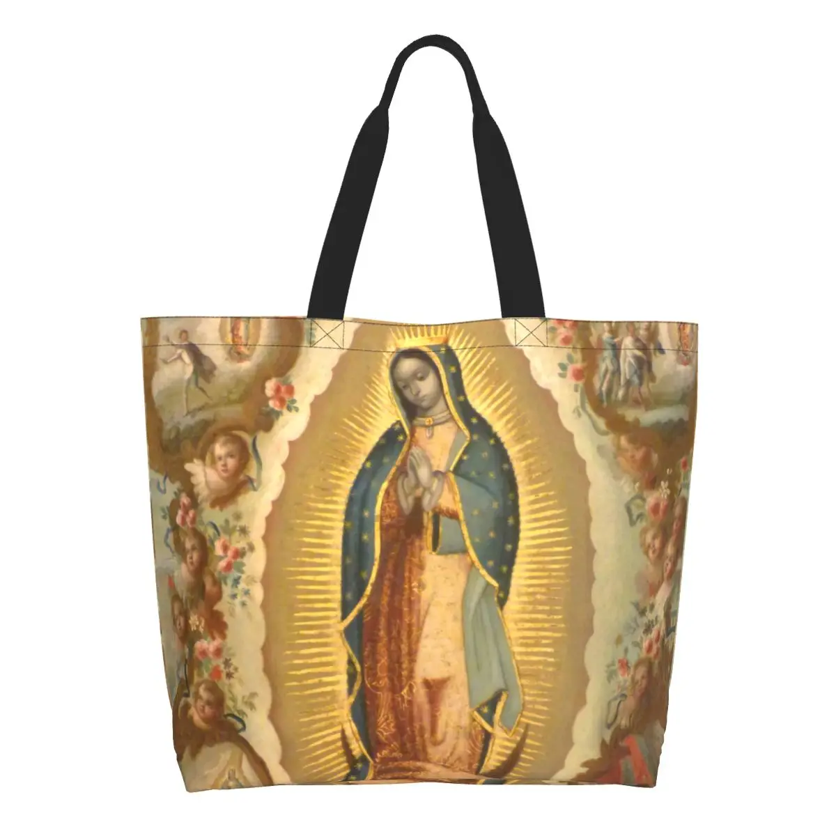 Kawaii Fecioarei De Guadalupe Fecioara Maria Cumpărături Tote Pungi Reutilizabile Mexic Catolică Saint Panza Alimente Cumparator Geantă De Umăr . ' - ' . 0