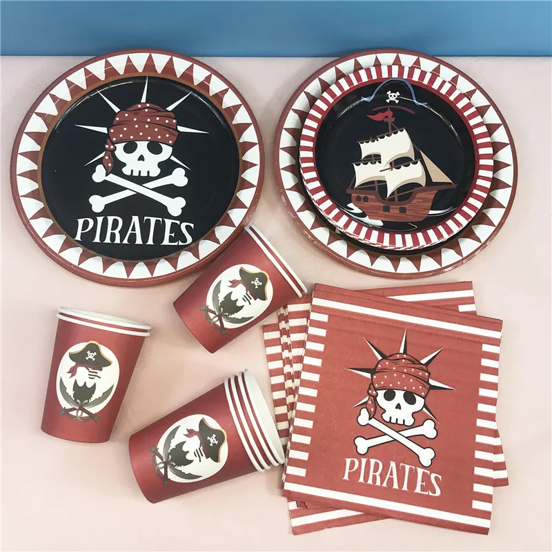 Nava Pirat Craniu De Unica Folosinta Tacamuri Farfurii De Hârtie Cupe Șervețel Copii Fericiți Petrecere Copil De Dus Temă Pirat Party Supplie . ' - ' . 0