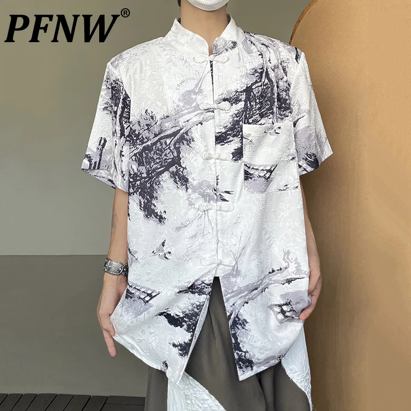 PFNW Vara Noi Barbati Stand Guler Stil Chinezesc Camasi de Imprimare Jacquard Butonul Casual Elegant Personalitate Haine de Epocă 28A2952 . ' - ' . 0