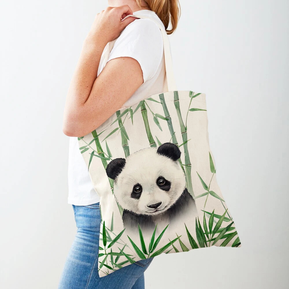 Panda, Maimuță, Girafa, Tigru Tropicale cu Frunze de Plante Tote pentru Doamna Geantă de mână, Geanta Shopper de Desene animate de Animale Panza Femei Pungi de Cumpărături . ' - ' . 0