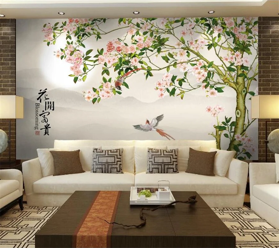 Personalizate 3D Tapet Mural Chineză a Crescut Copac Floare de bun augur Pasăre de Fundal de Perete Camera de zi Dormitor Restaurant Decor . ' - ' . 0
