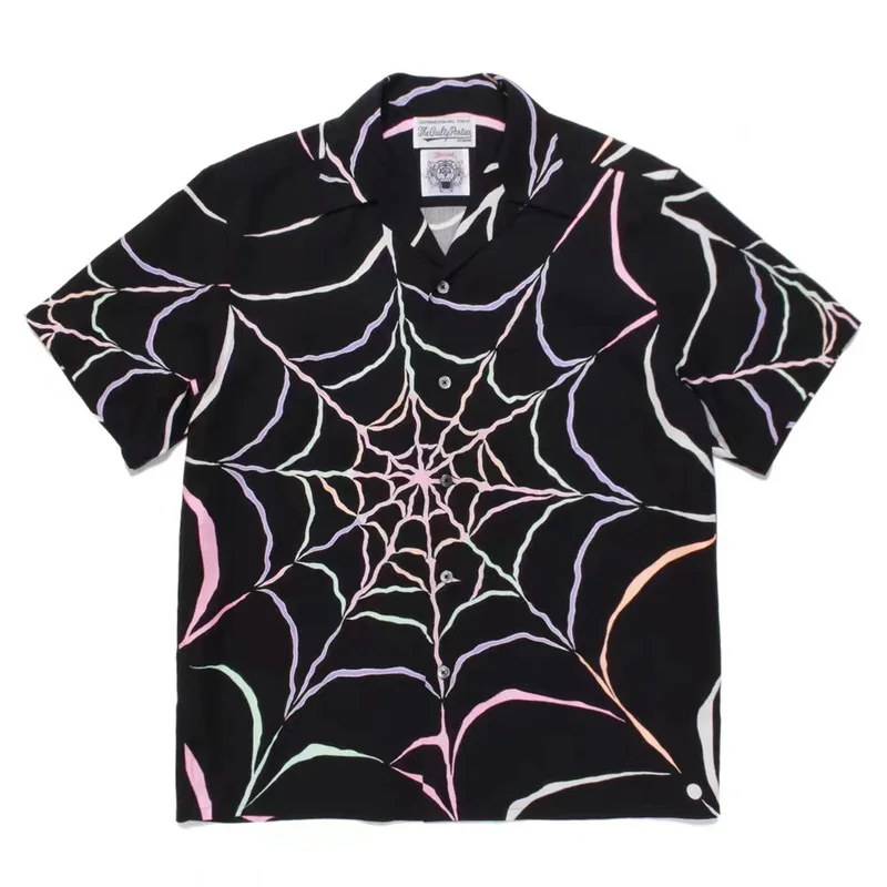Spider Web Print NEBUN MARIA Tricouri Negre Supradimensionate 1:1 de Înaltă Calitate Cap de Lup cu Mânecă Scurtă Cămăși Hawaiiene . ' - ' . 0