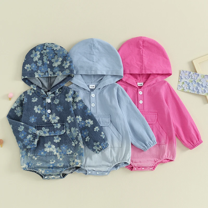 Toamna Copilul Nou-Născut Fată Salopetă Haine De Culoare Gradient/Floral Print Long Sleeve Button Pocket Denim Bluza Salopeta . ' - ' . 0