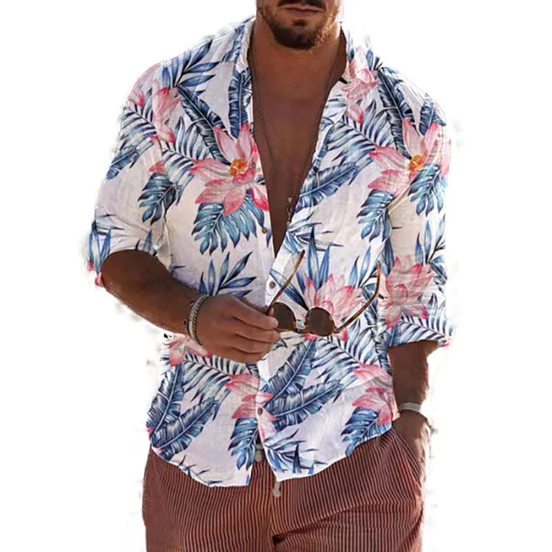 Vara 2023 Mens Lenjerie De Tricouri Maneca Lunga Frunze Grafic Comod De Vacanță Hawaii Camasa Buton-Up Bluza . ' - ' . 0