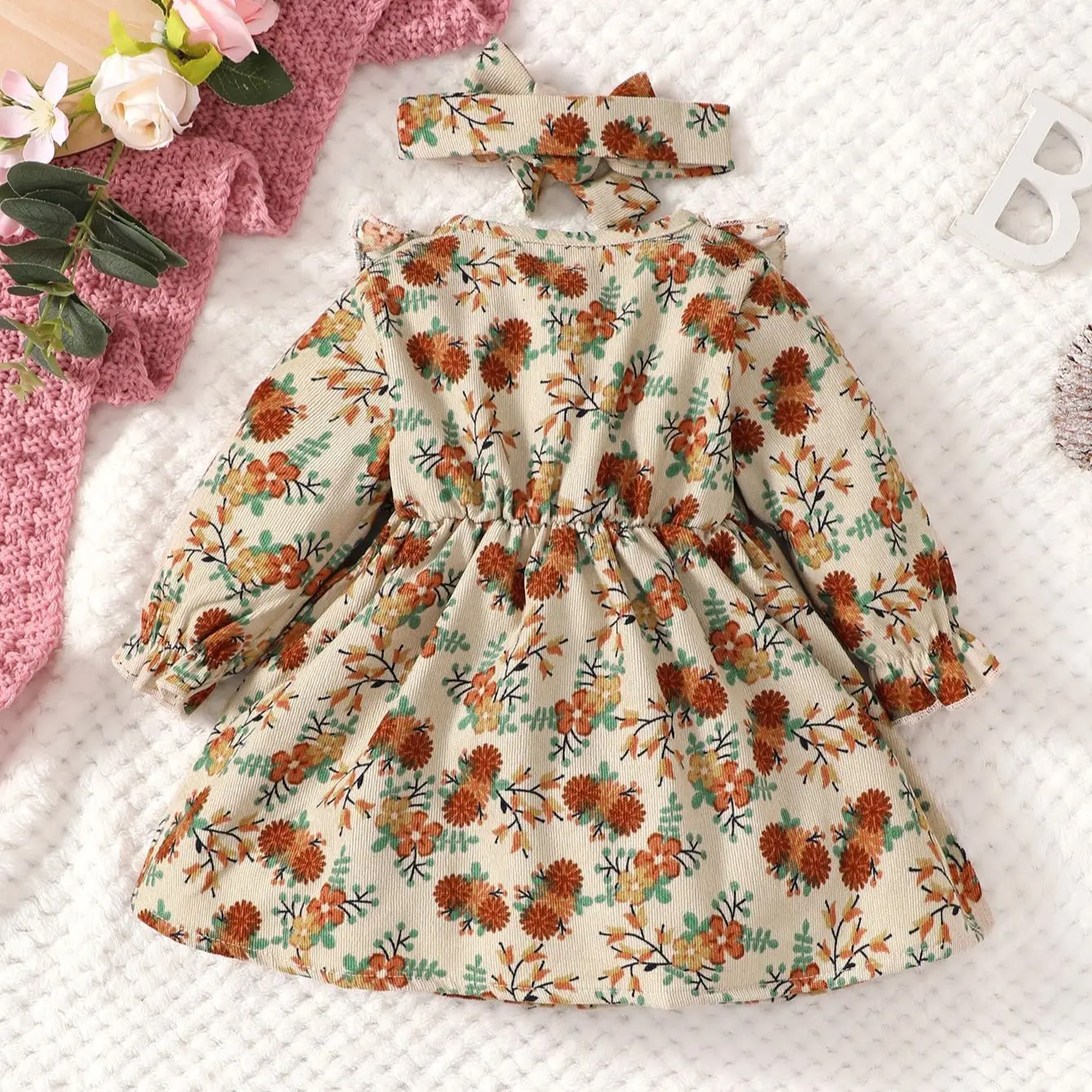 0-2 ani copil nou-născut fată de primăvară și de toamnă rotund gât cu mâneci lungi buton cu ornamente florale mici de moda rochie de drăguț . ' - ' . 1