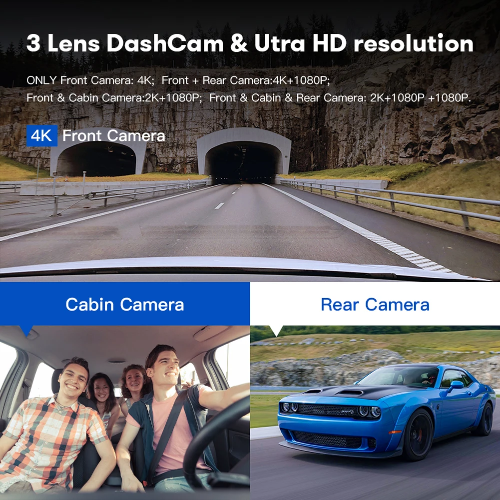 3-Obiectiv Dashcam DVR Auto 3-Canal de Bord Cam 4K+1080P cameră Video Auto cu IR Noapte Viziune 24H Parcare, Monitorizare Video Recorder Cutie Neagră . ' - ' . 1