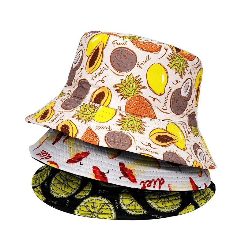 Bocca Fructe De Imprimare Găleată Pălărie Panama Pescar Pălării Bărbați Femei Lamaie Mere Ananas Dublu Fețe Pliabil De Protecție Solară Soarele Bob Capac . ' - ' . 1