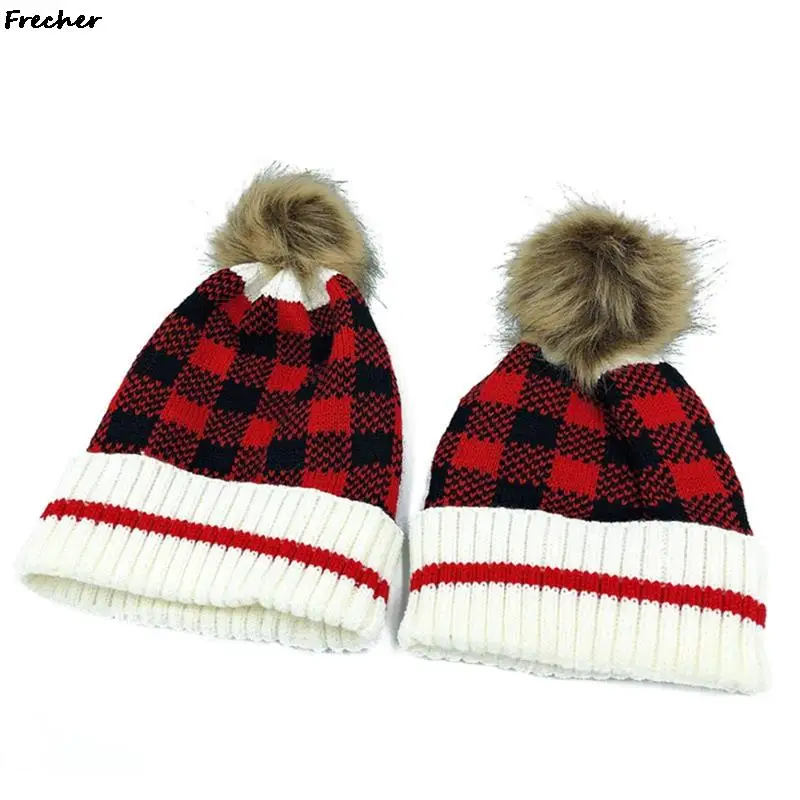 Confortabil Cald Capace 2023 Familie Pălării De Iarnă Carouri Lână De Tricotat Pălărie Moș Crăciun Căciuli Pompom Hairball Articole Pentru Acoperirea Capului . ' - ' . 1