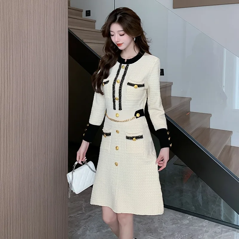 Coreeană Birou Doamnă Rochie Eleganta pentru Femei de Toamna/Iarna cu mâneci Lungi Gâtul Rundă Tricotate Genunchi Lungime Rochie de Moda Haine de sex Feminin . ' - ' . 1