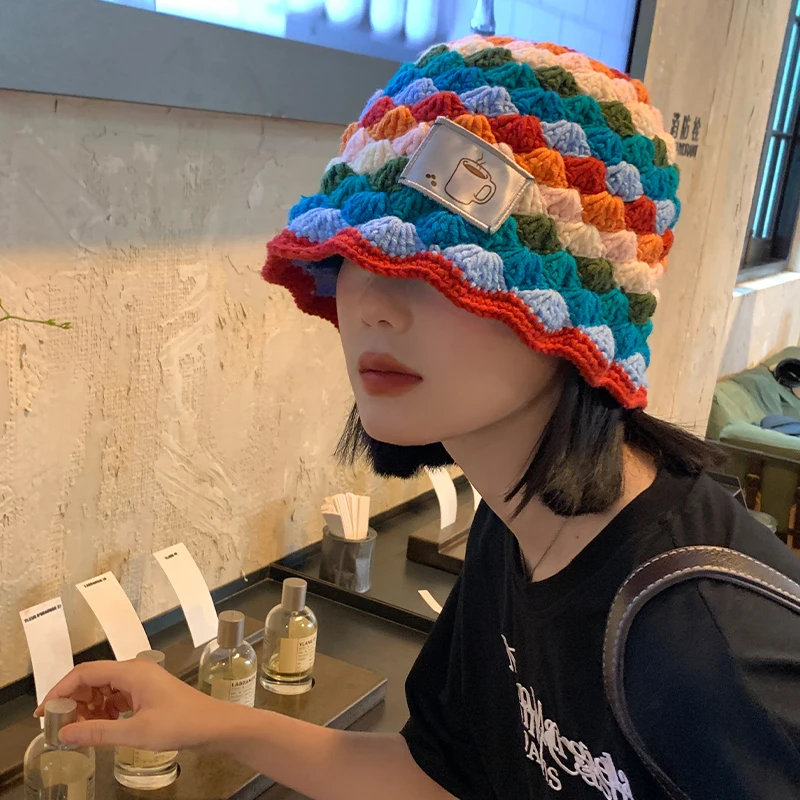 Dopamina Romb Carouri Curcubeu Găleată Pălării de Femei coreene Versatil apar Mici Toamna și Iarna Moda Tricotate Cald Capac . ' - ' . 1