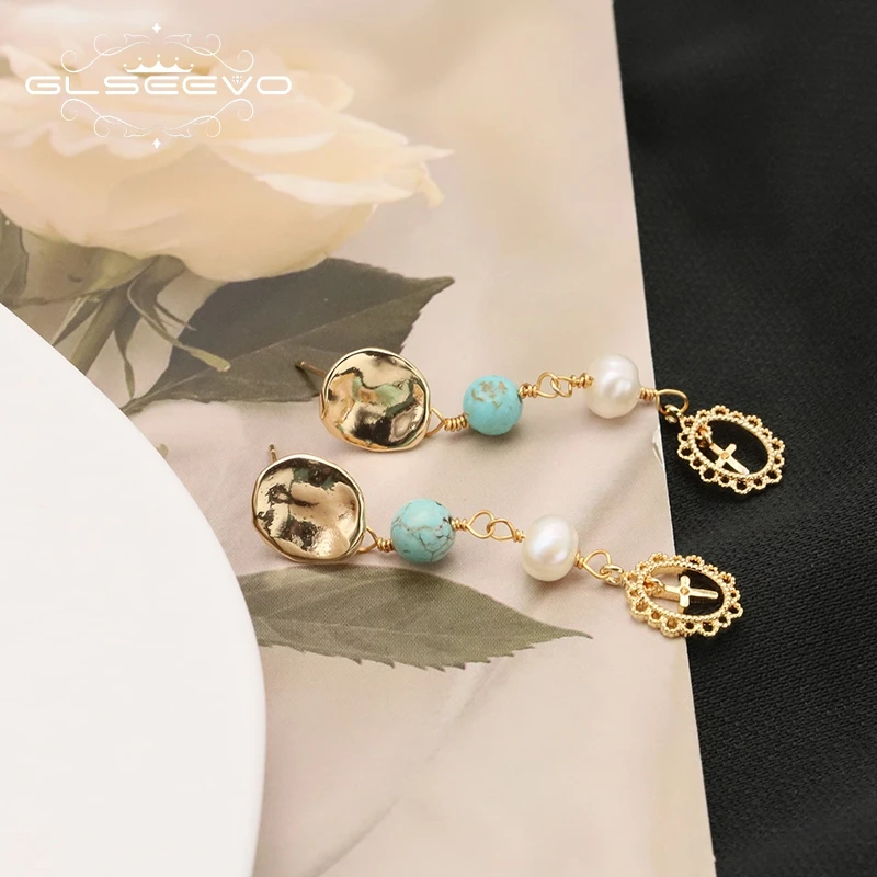 GLEEVO Turcoaz cercei cu perle Bijuterii Pendientes Moda stil Baroc Neregulate Perle Cercei pentru Femei de Argint 925 . ' - ' . 1