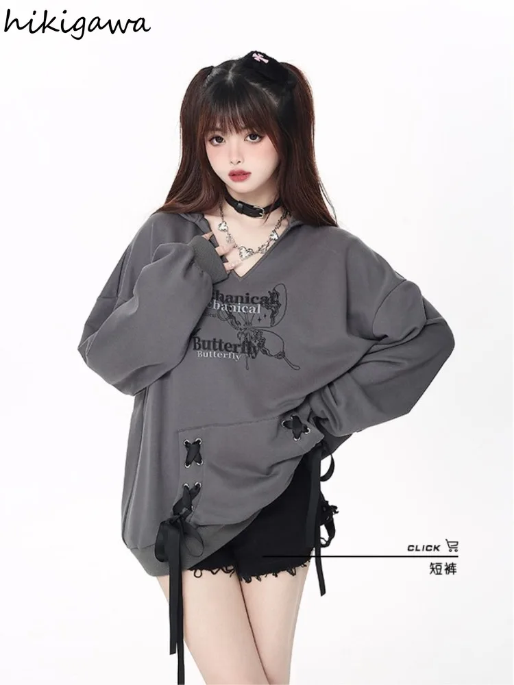 Harajuku Hanorace Imbracaminte Femei V-neck Casual Bandaj Buzunar Supradimensionat Topuri 2023 Ropa Mujer de Moda Streetwear Y2k Jachete . ' - ' . 1
