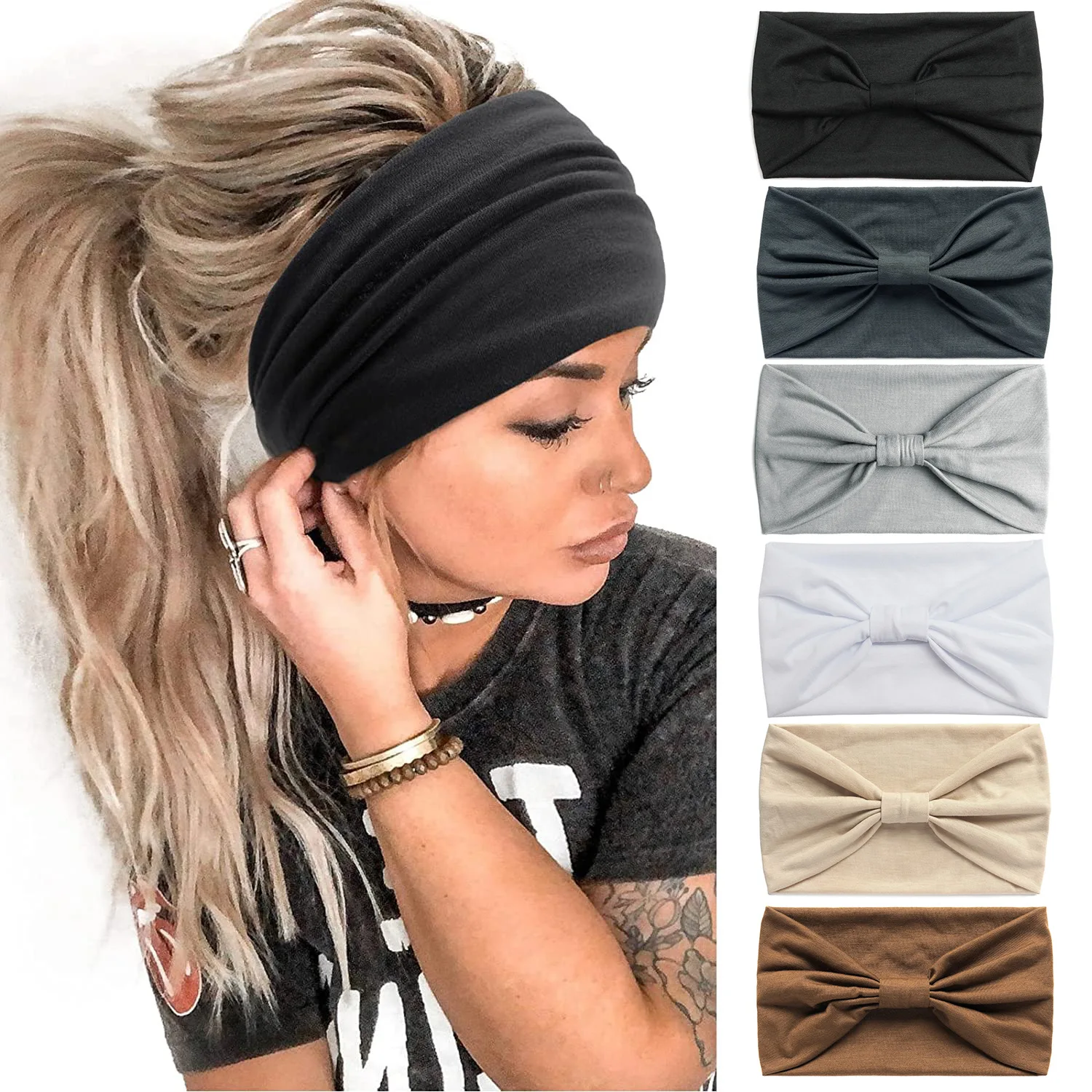 Noua Epocă Boho Culoare Solidă Benzi Late pentru Femei Fete Nod Elastic Turban Headwrap Bumbac Moale Bandană HairAccessories . ' - ' . 1
