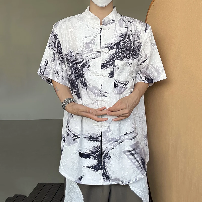 PFNW Vara Noi Barbati Stand Guler Stil Chinezesc Camasi de Imprimare Jacquard Butonul Casual Elegant Personalitate Haine de Epocă 28A2952 . ' - ' . 1