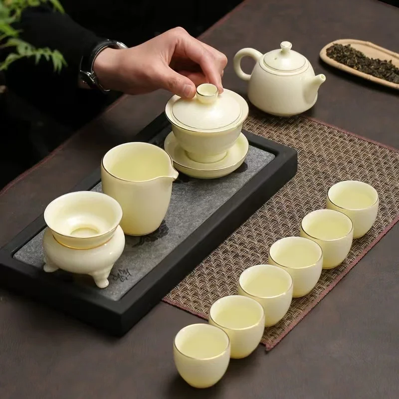 Piatră prețioasă de culoare galbenă ceramice set de ceai cu grăsime de oaie jad portelan high-end din piele ambalaj cutie . ' - ' . 1