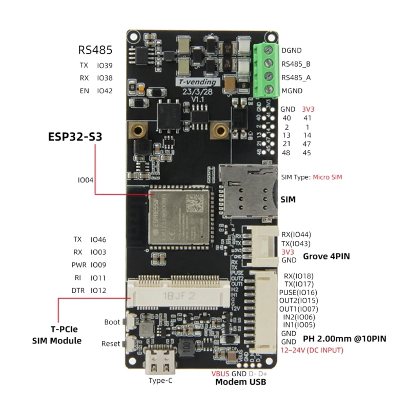 RSM485MT5V T-Vending ESP32 Suport Modul TTL RS485 PCIe WiFi+Bluetooth5 184A . ' - ' . 1