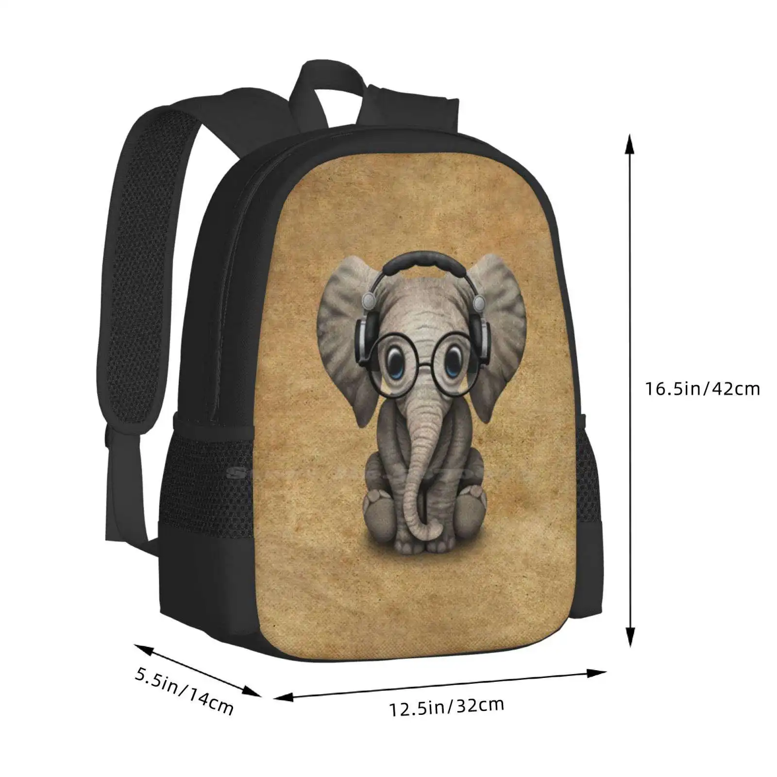 Elefantul Dj Purtând Căști Și Ochelari Model De Moda De Design De Călătorie Laptop Rucsac Scoala Sac Pui De Elefant . ' - ' . 2