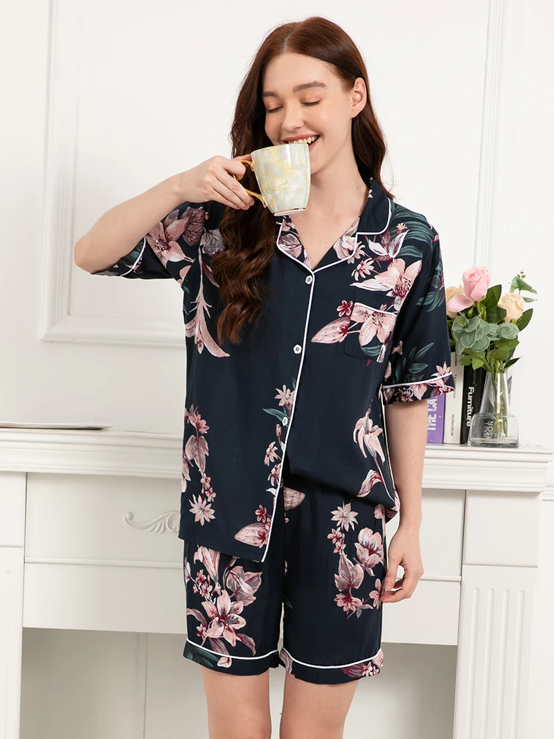 Femei 100% Vascoza S-3XL Sleepwear FPrint Scurt Pijama Set Conducte de Contrast Pantaloni Largi Lougewear Acasă îmbrăcăminte de noapte . ' - ' . 2
