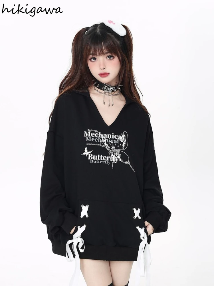 Harajuku Hanorace Imbracaminte Femei V-neck Casual Bandaj Buzunar Supradimensionat Topuri 2023 Ropa Mujer de Moda Streetwear Y2k Jachete . ' - ' . 2