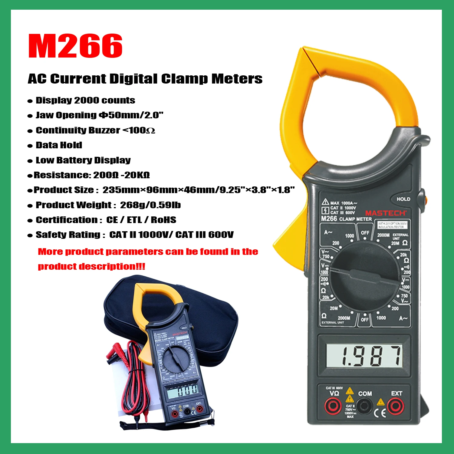 MASTECH M266 M266C M266F Digital clești de curent AC/DC Tensiune Curent Rezistență Frecvență Tester.Temperatura(Numai M266C) . ' - ' . 2