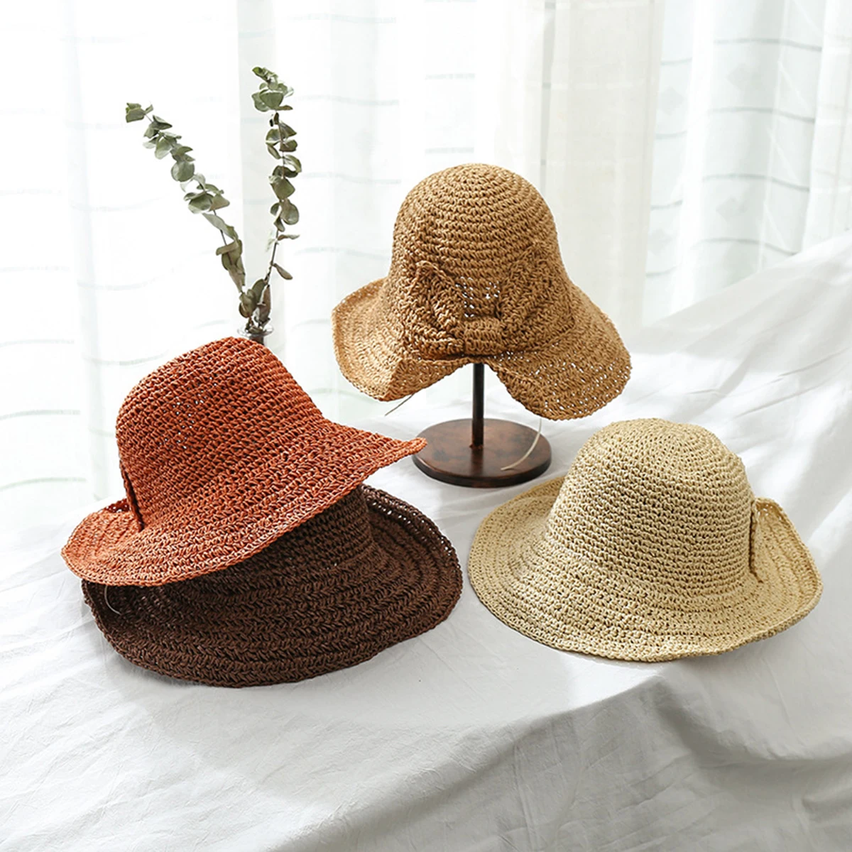 Mic-Pălărie de Paie cu boruri Feminin Pălărie de Vară Arc Simplu Cadă Pălărie Pescar Pălărie Croșetat Pălărie de Soare Pălărie de Soare de Cumpărături Excursie . ' - ' . 2