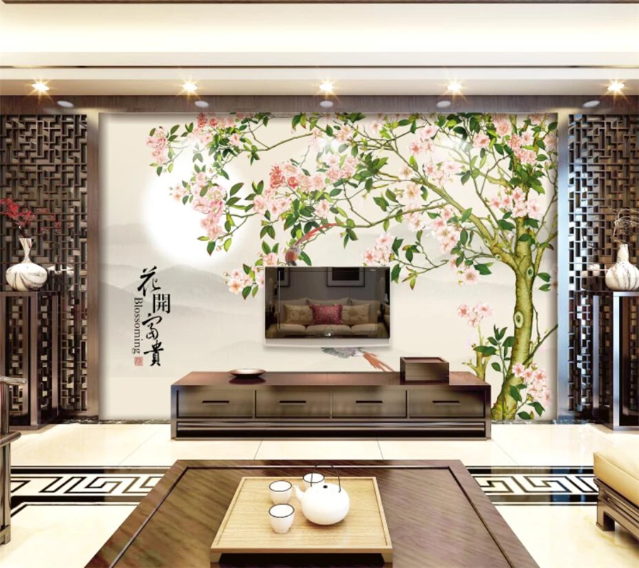Personalizate 3D Tapet Mural Chineză a Crescut Copac Floare de bun augur Pasăre de Fundal de Perete Camera de zi Dormitor Restaurant Decor . ' - ' . 2