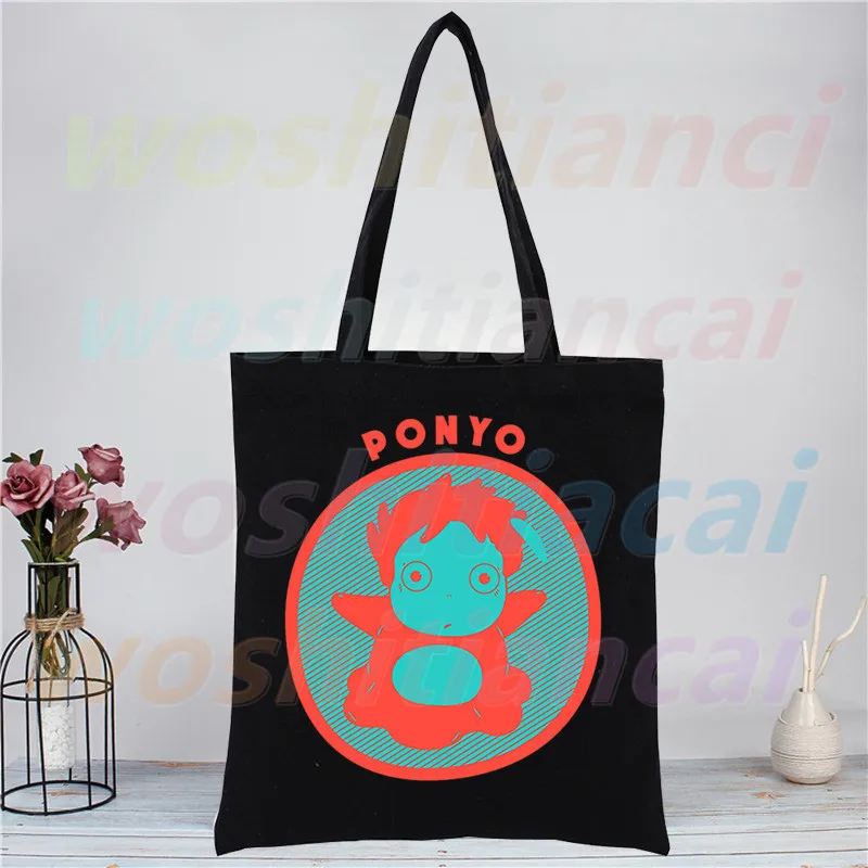 Ponyo Femei Geanta Shopper din Pânză, Saci de Umăr Geantă de Cumpărături cu Print Pânză Neagră Genți Eco Friendly . ' - ' . 2