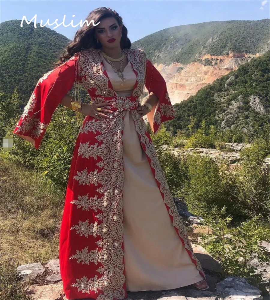 Roșu Tradițional Marocan Caftan Rochie De Seara 2023 Cu Aur Dantelă Sexy Plus Dimensiunea V Gât Islamic Turc Rochie De Bal Formale Petrecere . ' - ' . 2