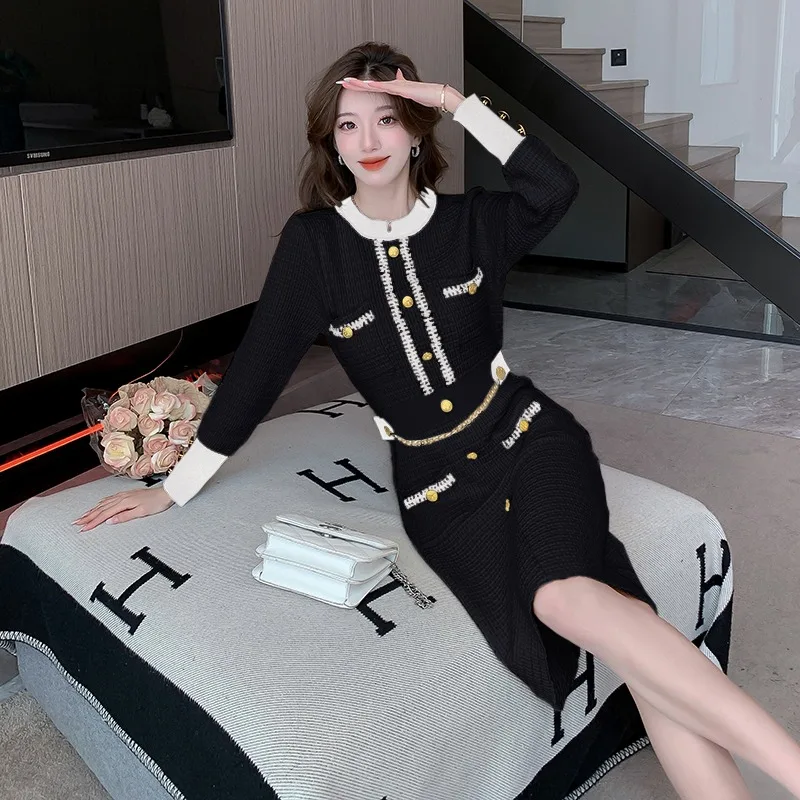 Coreeană Birou Doamnă Rochie Eleganta pentru Femei de Toamna/Iarna cu mâneci Lungi Gâtul Rundă Tricotate Genunchi Lungime Rochie de Moda Haine de sex Feminin . ' - ' . 3
