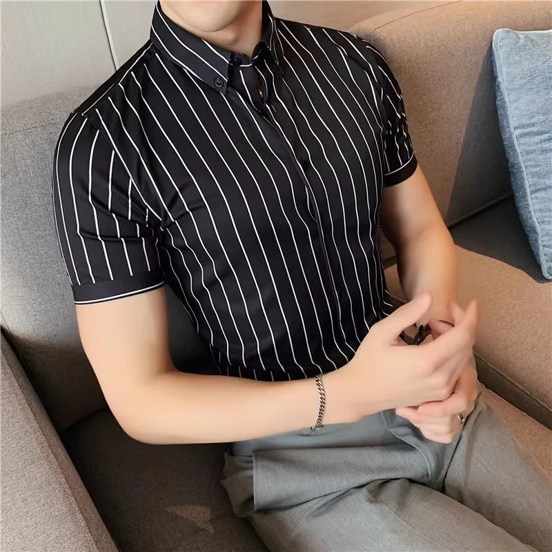 De înaltă Calitate Elasticitatea Cămăși cu Mânecă Scurtă pentru Bărbați de Vara cu Dungi Imprimate Slim Fit Camasa Hommes De Luxe Moda coreeană Topuri . ' - ' . 3
