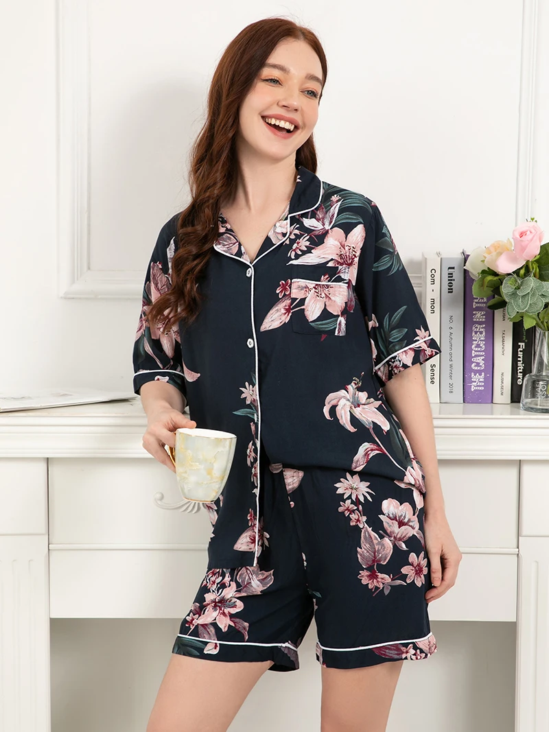 Femei 100% Vascoza S-3XL Sleepwear FPrint Scurt Pijama Set Conducte de Contrast Pantaloni Largi Lougewear Acasă îmbrăcăminte de noapte . ' - ' . 3