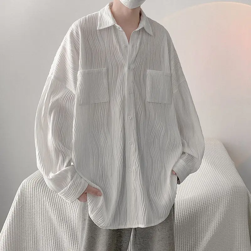 Gmiixder Supradimensionat Texturate Cutat cu Mâneci Lungi Tricou pentru Barbati Femei 2023 Toamna Iarna Streetwear Cityboy Scăzut Camasa Sacou . ' - ' . 3