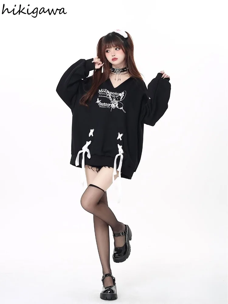Harajuku Hanorace Imbracaminte Femei V-neck Casual Bandaj Buzunar Supradimensionat Topuri 2023 Ropa Mujer de Moda Streetwear Y2k Jachete . ' - ' . 3