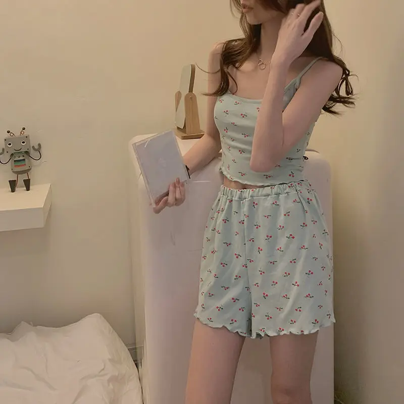 Pijama Seturi Pentru Femei Dulce Printuri Simplu Stil Coreean Vara Rece Sleepwear Ins Fără Mâneci Bază Moda Confortabil Petrecere A Timpului Liber Acasă . ' - ' . 3