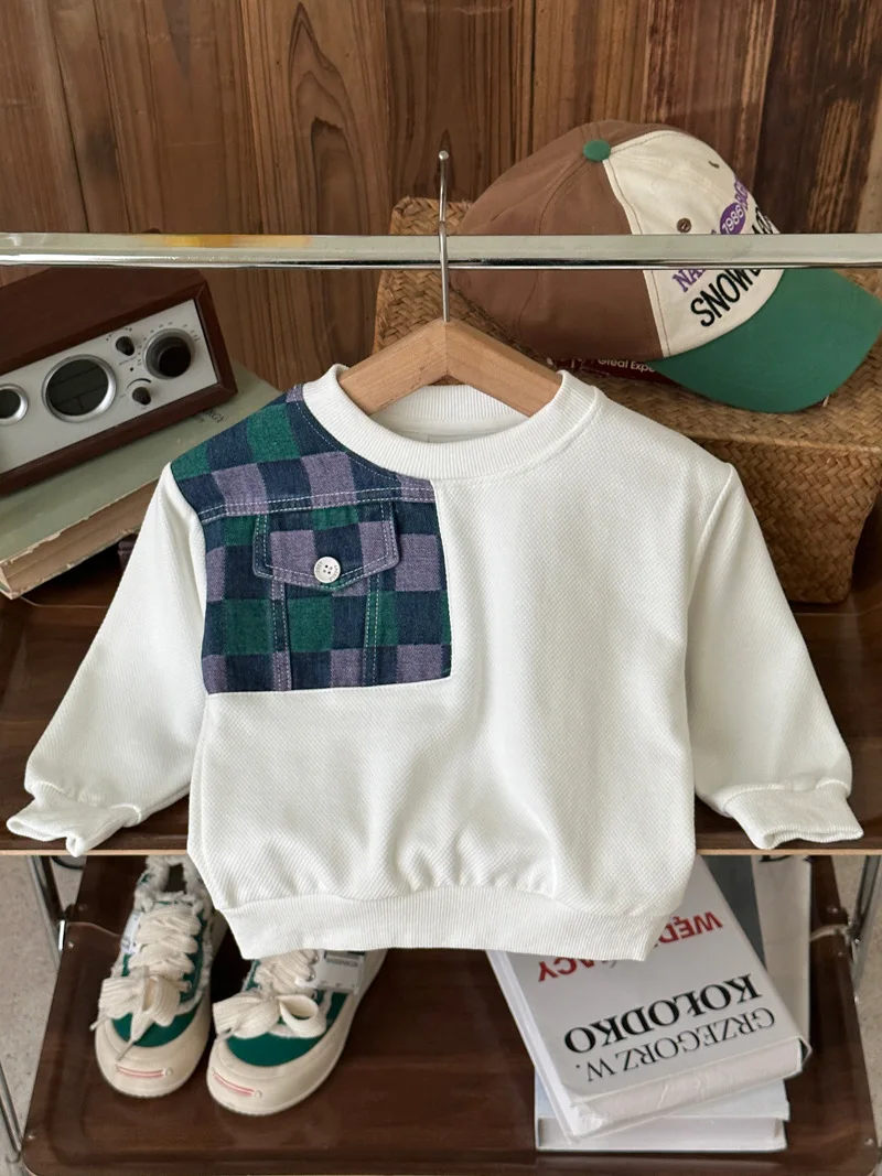 2023 Noi de Toamna pentru Copii Îmbrăcăminte de tip Boutique, Sweatershirt Băieți Moda O-gât Blugi Carouri coreean Sport All-meci Stil Simplu . ' - ' . 4