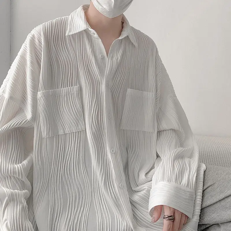 Gmiixder Supradimensionat Texturate Cutat cu Mâneci Lungi Tricou pentru Barbati Femei 2023 Toamna Iarna Streetwear Cityboy Scăzut Camasa Sacou . ' - ' . 4
