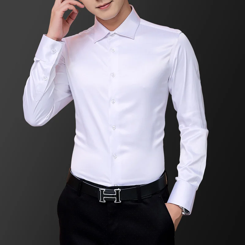 Stil de Moda coreeană Men ' s Cămașă Rochie de Mireasa cu Maneci Lungi Vintage Matase Smoching de Sus Camasa Barbat din Bumbac Alb . ' - ' . 4