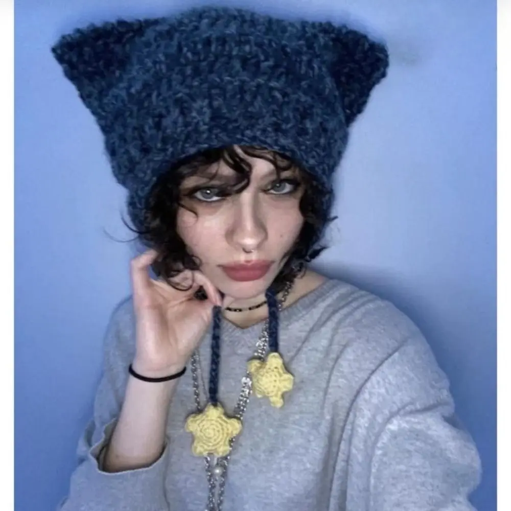 Y2K Pisică Ureche Hairball Căciuli Pălărie cu Dungi Tricotate de Schi Capac de Lână Cald Fete Femei Pălării de Pisică Ureche Knit Stripe Beanie Cap cu Pompom . ' - ' . 4