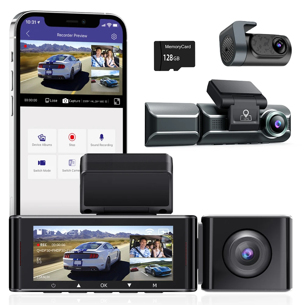 3-Obiectiv Dashcam DVR Auto 3-Canal de Bord Cam 4K+1080P cameră Video Auto cu IR Noapte Viziune 24H Parcare, Monitorizare Video Recorder Cutie Neagră . ' - ' . 5