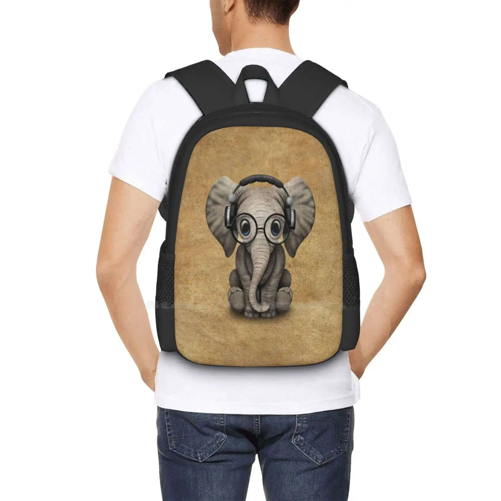 Elefantul Dj Purtând Căști Și Ochelari Model De Moda De Design De Călătorie Laptop Rucsac Scoala Sac Pui De Elefant . ' - ' . 5