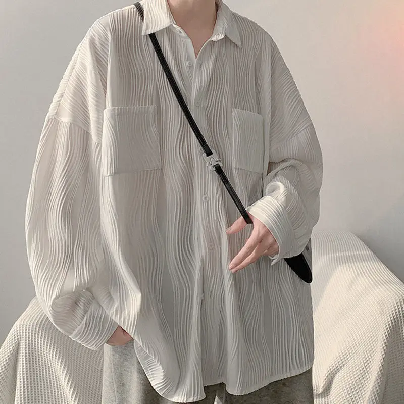 Gmiixder Supradimensionat Texturate Cutat cu Mâneci Lungi Tricou pentru Barbati Femei 2023 Toamna Iarna Streetwear Cityboy Scăzut Camasa Sacou . ' - ' . 5