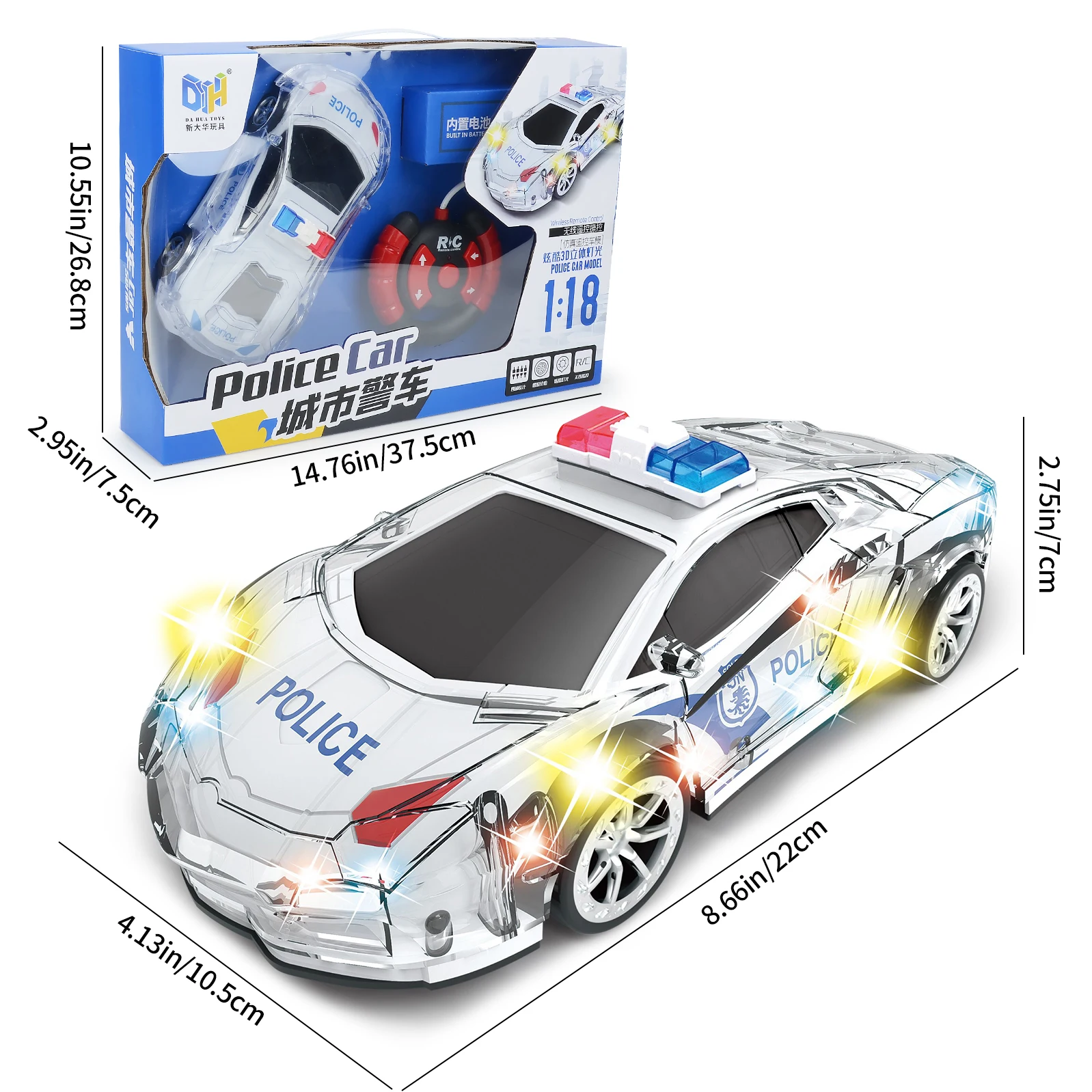 RC masina de jucarie 1:18 simulare de control de la distanță masina de politie cu lumini și muzica 4-way reîncărcabilă mașină de jucărie pentru băieți și fete cadou . ' - ' . 5
