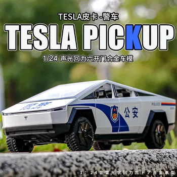 1:24 pickup Tesla mașină de poliție de Simulare Mare de turnat sub presiune din Aliaj de Metal Model de masina de Sunet de Lumină Trage Înapoi de Colectare de Jucării pentru Copii Cadouri